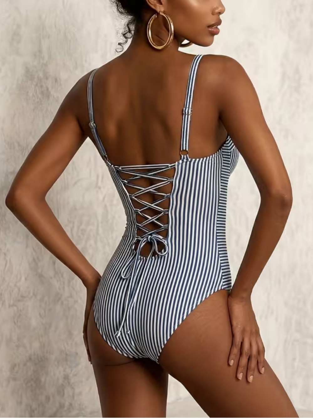 Navy and White Striped Lace-Up One-Piece Swimsuit